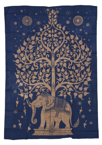 Přehoz s tiskem, modrý, zlatý tisk strom života a slon, 140x206cm