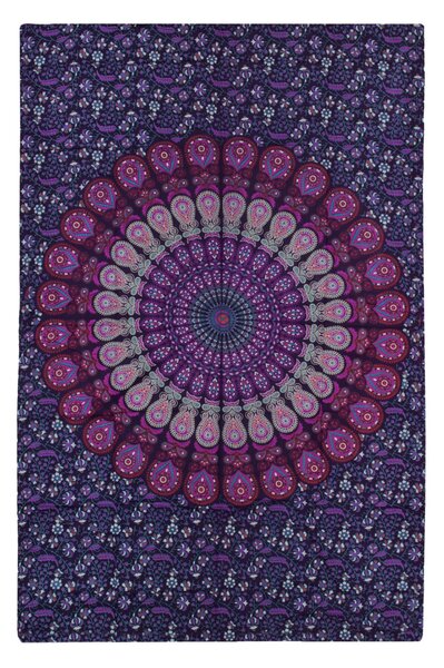 Přehoz na postel fialovo-růžový "Barmery round Mandala" paví pera, 130x210cm