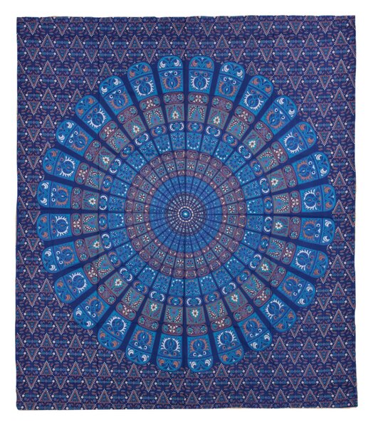 Přehoz na postel, pestrobarevná mandala, 230x202cm, květy, modro-tyrkysový