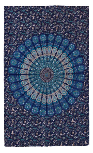 Přehoz na postel modro-zelený "Barmery round Mandala" paví pera, 130x210cm