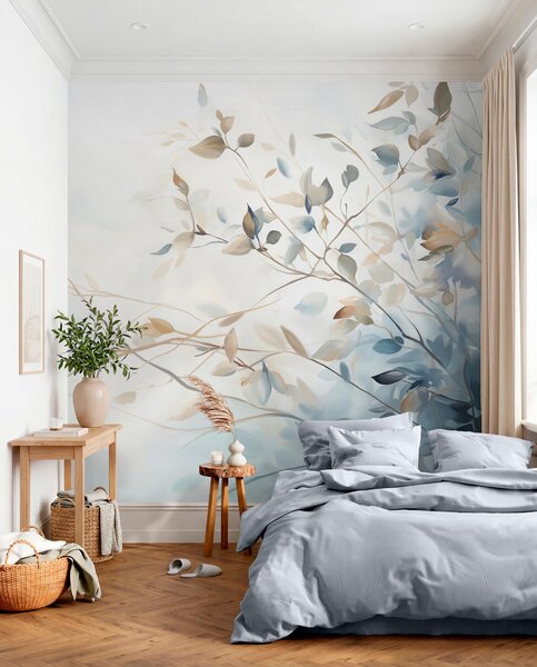 Fototapety Větve s listy v modrých a hnědých tónech, světlé pozadí, měkké a jemné, akvarelový styl , Fototapety akvarel, w08900 : uwalls.cz