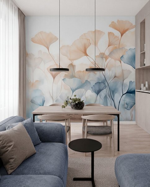 Fototapety Listy jinanu dvoulaločného v modré a oranžové akvarelové barvě, průsvitné okvětní lístky, jemné, Fototapety příroda, w08917 : uwalls.cz