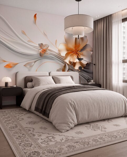 Fototapety Oranžový květ na šedém abstraktním pozadí, Fototapety 3D, Fototapety 3d květiny, w09004 : uwalls.cz