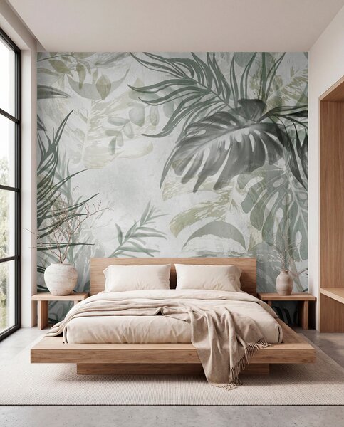Fototapety Monstera a palmové listy v odstínech zelené a šedé, botanické, tropické listí, rostliny džungle,, Fototapety příroda, w09011 : uwalls.cz