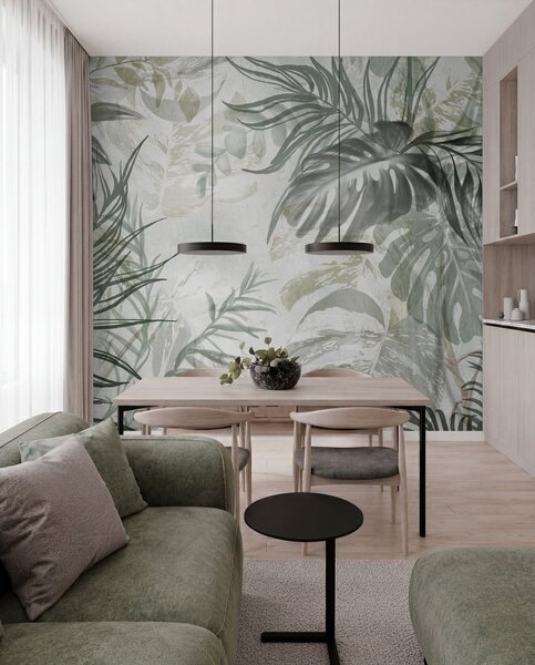 Fototapety Monstera a palmové listy v odstínech zelené a šedé, botanické, tropické listí, rostliny džungle,, Fototapety příroda, w09011 : uwalls.cz