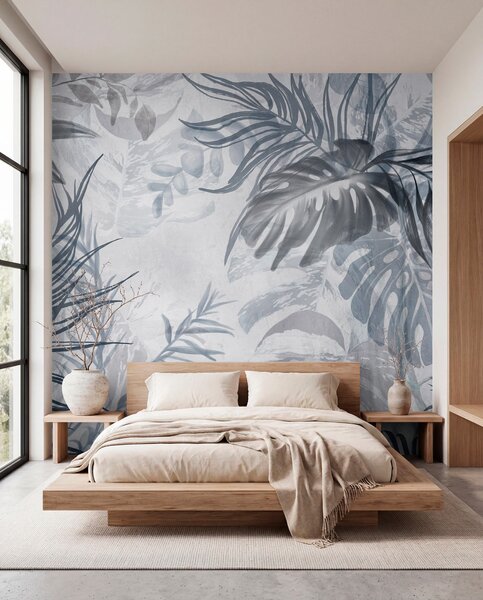 Fototapety Monstera a palmové listy v odstínech modré a šedé, botanické, tropické listí,, Fototapety les, Fototapety tropické, w09011v1 : uwalls.cz