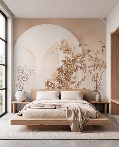 Fototapety Rostliny v květináčích v béžových tónech před abstraktními oblouky, minimalistický styl, elegantní a, Fototapety 3D, w09013 : uwalls.cz
