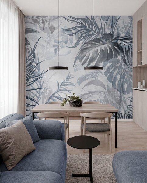 Fototapety Monstera a palmové listy v odstínech modré a šedé, botanické, tropické listí,, Fototapety les, Fototapety tropické, w09011v1 : uwalls.cz