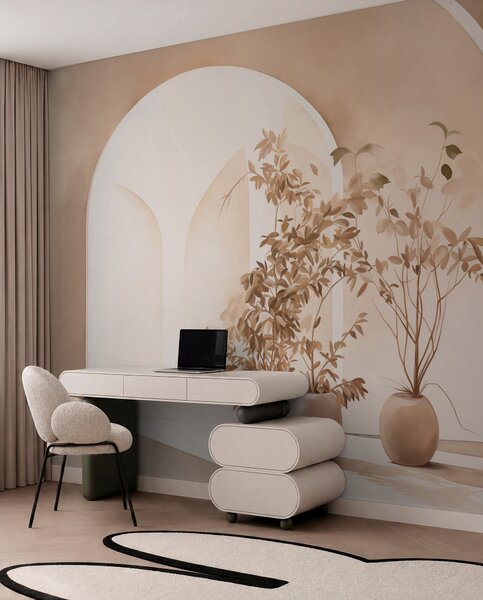 Fototapety Rostliny v květináčích v béžových tónech před abstraktními oblouky, minimalistický styl, elegantní a, Fototapety 3D, w09013 : uwalls.cz