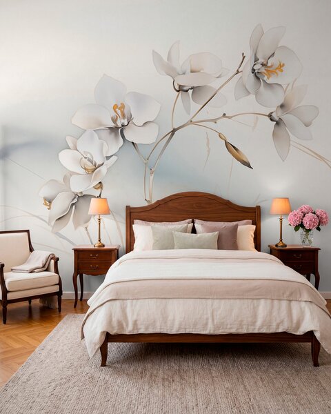 Fototapety Bílá větev orchideje ve stylu akvarelu, Fototapety květiny, w09022 : uwalls.cz