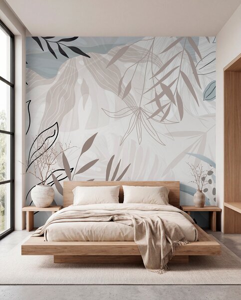 Fototapety Abstraktní květinový moderní design s pastelově béžovými, šedými, modrými a černými listy,, Fototapety moderní, w09105 : uwalls.cz