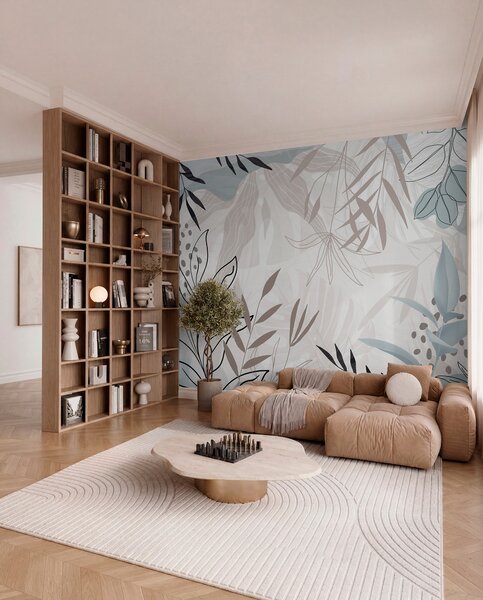 Fototapety Abstraktní květinový moderní design s pastelově béžovými, šedými, modrými a černými listy,, Fototapety moderní, w09105 : uwalls.cz