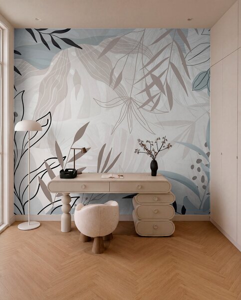 Fototapety Abstraktní květinový moderní design s pastelově béžovými, šedými, modrými a černými listy,, Fototapety moderní, w09105 : uwalls.cz