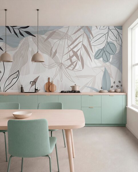 Fototapety Abstraktní květinový moderní design s pastelově béžovými, šedými, modrými a černými listy,, Fototapety moderní, w09105 : uwalls.cz