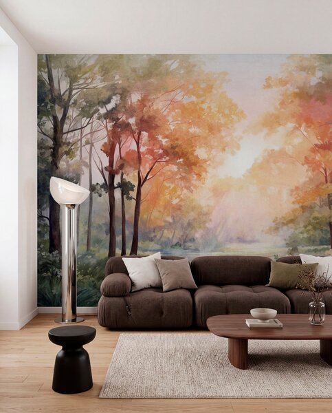 Fototapety Texturovaná lesní krajina, stromy s oranžovými a zelenými listy, pastelová paleta barev, Fototapety příroda, w09210v1 : uwalls.cz