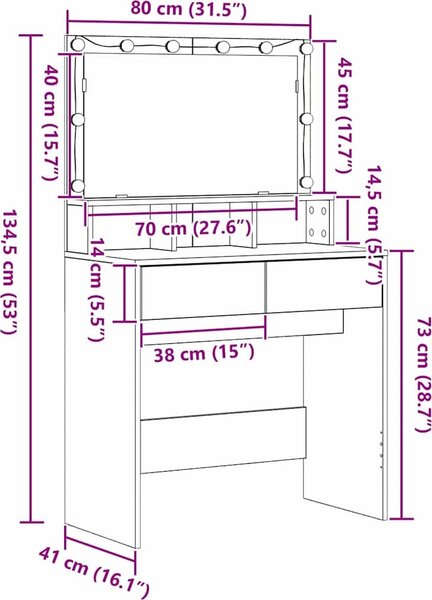 VidaXL Toaletní stolek s LED 80 x 41 x 134,5 cm [871539] Barva: dub artisan
