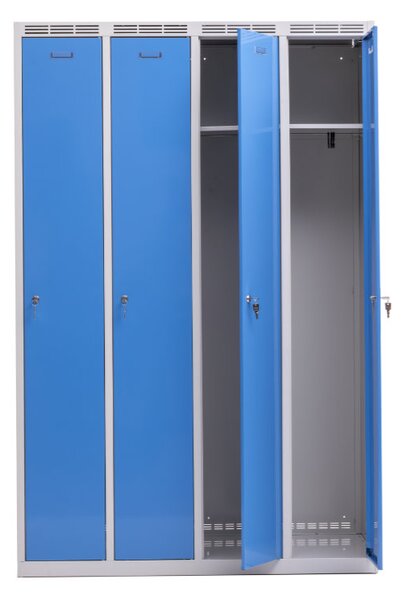 Kovová šatní skříň Trestles SS4M 1800x1173x500 mm, 4 oddíly, světle modré dveře Typ zámku: cylindrický, Podnož: nožky