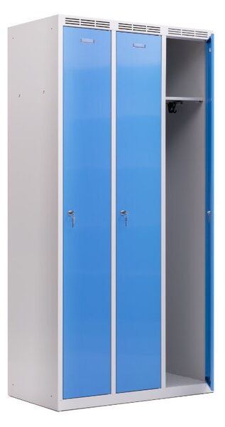 Kovová šatní skříň Trestles SS3M 1800x886x500 mm, 3 oddíly, světle modré dveře Typ zámku: cylindrický, Podnož: nožky