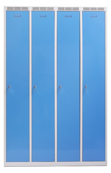 Kovová šatní skříň Trestles SS4M 1800x1173x500 mm, 4 oddíly, světle modré dveře Typ zámku: cylindrický, Podnož: nožky