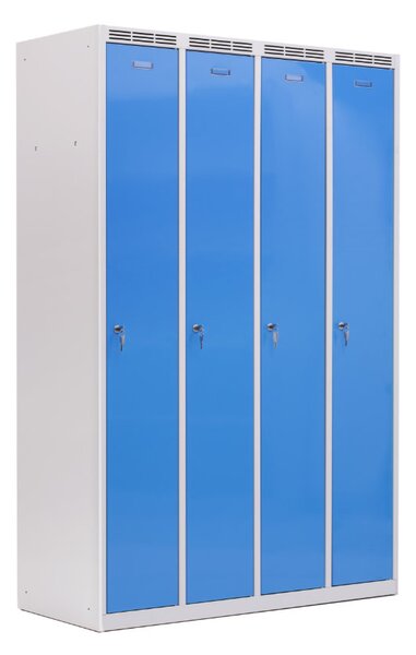 Kovová šatní skříň Trestles SS4M 1800x1173x500 mm, 4 oddíly, světle modré dveře Typ zámku: cylindrický, Podnož: nožky