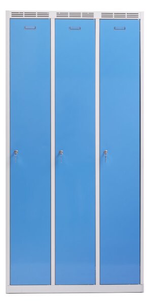 Kovová šatní skříň Trestles SS3M 1800x886x500 mm, 3 oddíly, světle modré dveře Typ zámku: cylindrický, Podnož: nožky