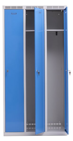 Kovová šatní skříň Trestles SS3M 1800x886x500 mm, 3 oddíly, světle modré dveře Typ zámku: cylindrický, Podnož: nožky