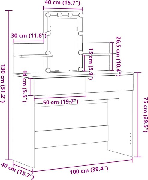 VidaXL Toaletní stolek s LED 100 x 40 x 130 cm [868852] Barva: dub artisan
