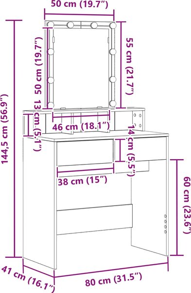 VidaXL Toaletní stolek s LED 80 x 41 x 144,5 cm [862302] Barva: Staré dřevo