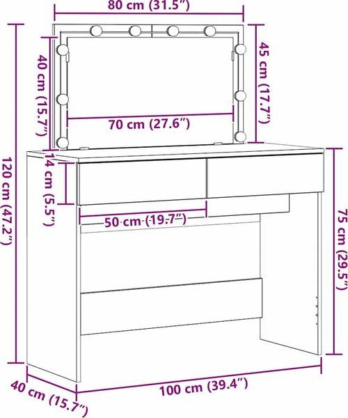 VidaXL Toaletní stolek s LED 100 x 40 x 120 cm [868862] Barva: Černý dub