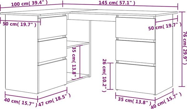 VidaXL Rohový psací stůl 145x100x76 cm kompozitní dřevo [801092] Barva: Bílá