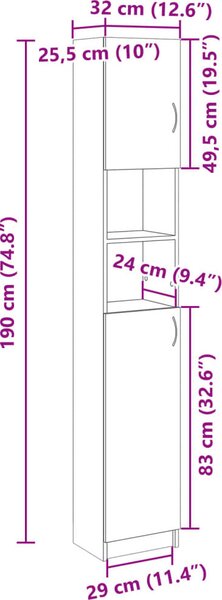 VidaXL Koupelnová skříňka 32x25,5x190 cm Dřevěná konstrukce [802877] Barva: dub sonoma