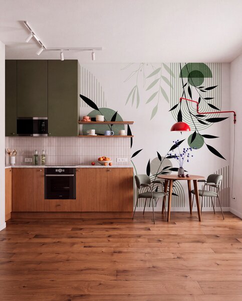 Fototapety Texturovaný abstraktní tisk s geometrickými tvary, kruhy a oblouky a černými a zelenými, Fototapety geometrie, w09384 : uwalls.cz