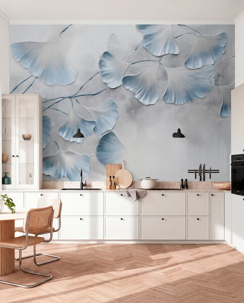Fototapety Listy ginkga biloba s modrými okraji na větvi, šedé texturované pozadí, elegantní a, Fototapety příroda, w09472v1 : uwalls.cz