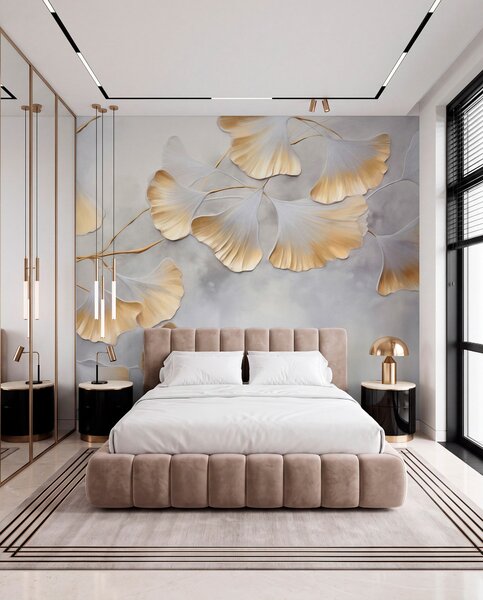 Fototapety Listy ginkga biloba se žlutými okraji na větvi, šedé texturované pozadí, elegantní a, Fototapety příroda, w09472 : uwalls.cz