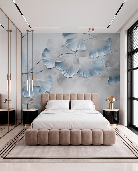 Fototapety Listy ginkga biloba s modrými okraji na větvi, šedé texturované pozadí, elegantní a, Fototapety příroda, w09472v1 : uwalls.cz