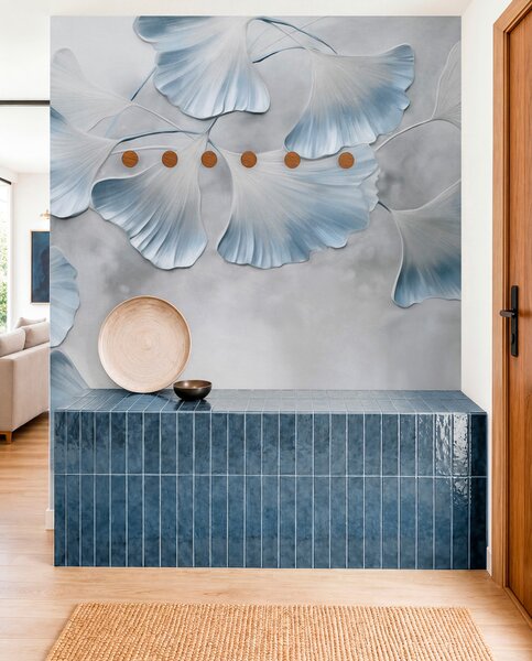 Fototapety Listy ginkga biloba s modrými okraji na větvi, šedé texturované pozadí, elegantní a, Fototapety příroda, w09472v1 : uwalls.cz