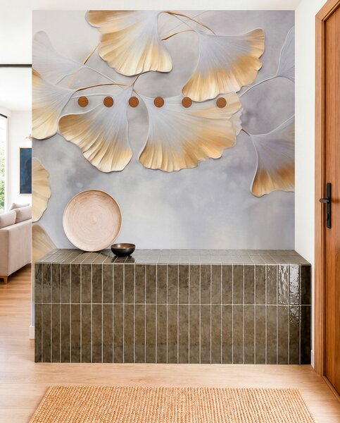 Fototapety Listy ginkga biloba se žlutými okraji na větvi, šedé texturované pozadí, elegantní a, Fototapety příroda, w09472 : uwalls.cz