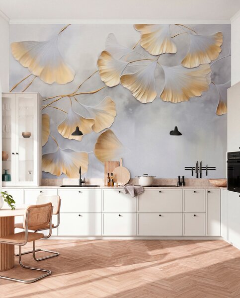 Fototapety Listy ginkga biloba se žlutými okraji na větvi, šedé texturované pozadí, elegantní a, Fototapety příroda, w09472 : uwalls.cz