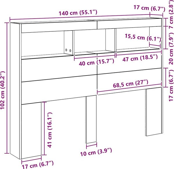 VidaXL Čelo postele s úložným prostorem a LED 140 x 17 x 102 cm [863130] Barva: Staré dřevo