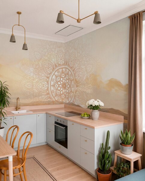 Fototapety Texturovaný symetrický mandalový vzor překrývající krajinu s mořem, kopci a oblohou, jemné pastelové, Fototapety boho, w09491 : uwalls.cz