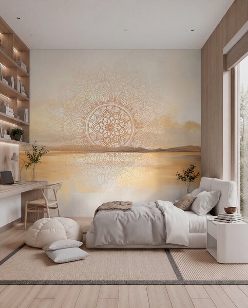 Fototapety Texturovaný symetrický mandalový vzor překrývající krajinu s mořem, kopci a oblohou, jemné pastelové, Fototapety boho, w09491 : uwalls.cz