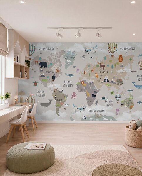 Fototapety Světová mapa pro děti se zvířaty a horkovzdušnými balóny. Španělský jazyk, Fototapety dětské, c00002es : uwalls.cz