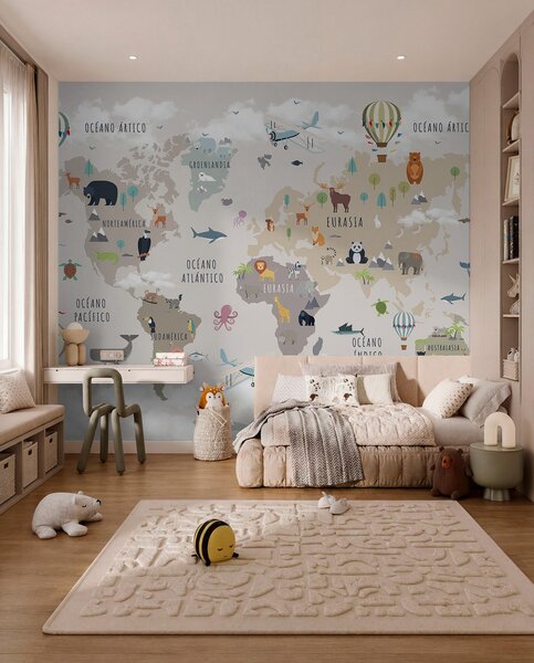 Fototapety Světová mapa pro děti se zvířaty a horkovzdušnými balóny. Španělský jazyk, Fototapety dětské, c00002es : uwalls.cz