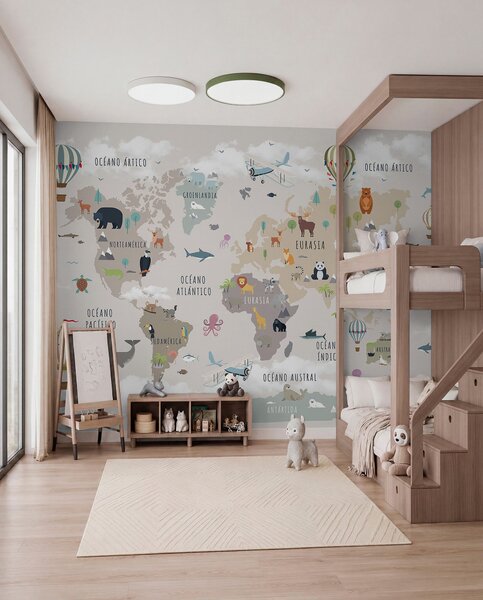 Fototapety Světová mapa pro děti se zvířaty a horkovzdušnými balóny. Španělský jazyk, Fototapety dětské, c00002es : uwalls.cz