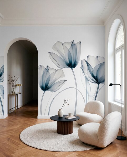 Fototapety Průsvitné modré a bílé tulipány s dlouhými stonky na světlém pozadí, jemné a strukturované, Fototapety moderní, w09538 : uwalls.cz