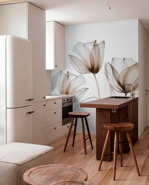 Fototapety Průsvitné hnědé a bílé tulipány s dlouhými stonky na světlém pozadí, jemné a strukturované, Fototapety moderní, w09538v1 : uwalls.cz