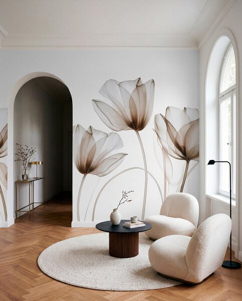 Fototapety Průsvitné hnědé a bílé tulipány s dlouhými stonky na světlém pozadí, jemné a strukturované, Fototapety moderní, w09538v1 : uwalls.cz