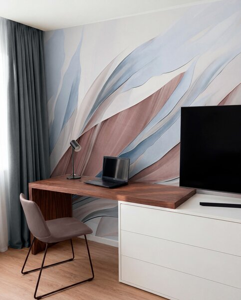 Fototapety Abstraktní vlny modré a hnědé barvy s tenkými tvary a liniemi na bílém pozadí, texturované, Fototapety abstraktní, w09585v1 : uwalls.cz