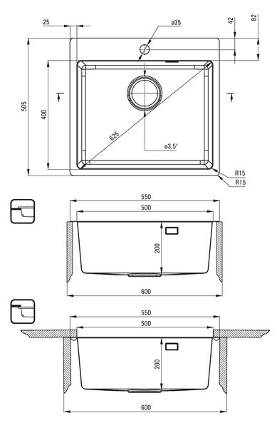 Deante Olfato, nerezový dřez pod desku 1-komorový B/O 550x505x200 3,5" + prostorově úsporný sifon, broušený vzor satyna, ZPO_010B