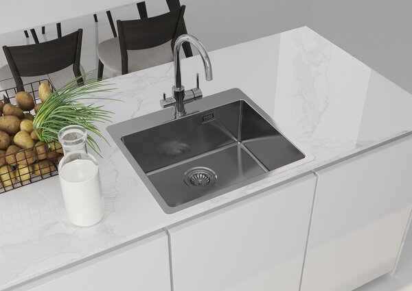 Deante Olfato, nerezový dřez pod desku 1-komorový B/O 550x505x200 3,5" + prostorově úsporný sifon, broušený vzor satyna, ZPO_010B